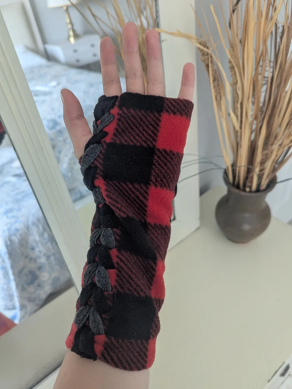 Fingerless Red and Black Plaid Alt Y2K Grunge Punk Cozy Flannel Arm Warmers